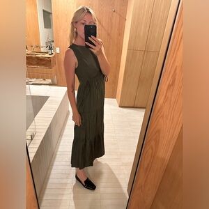 MNG Olive Satin Tiered Maxi Dress w/ Ruched Tie Detailing